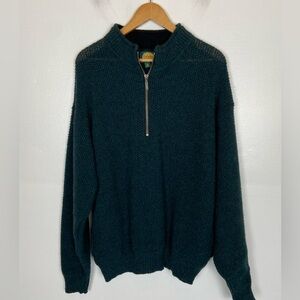 Cabela's Wool Blend Men Waffle Knit Sweater L Green Henley Mock Neck Chunky USA